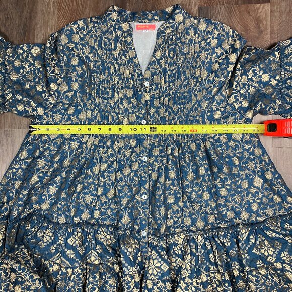 Pep's Cannes Versailles Mini Dress Jacquard Blue Teal Gold Belt Pleated Ruffled - Picture 8 of 16